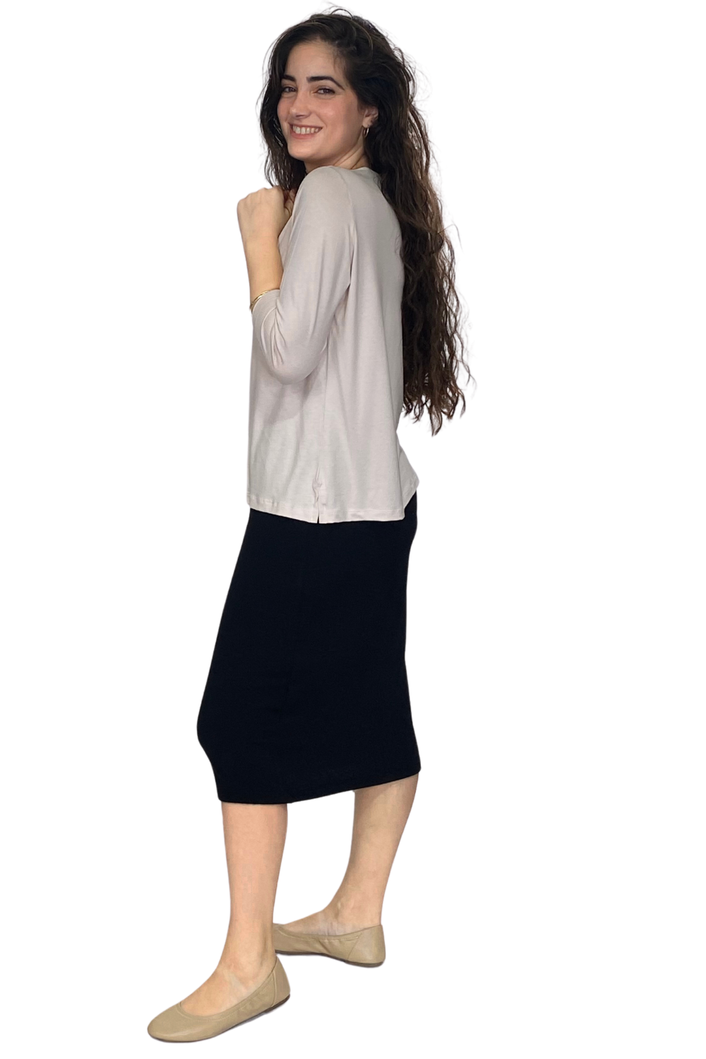 Soft Sweater Knit Mid-Calf Pencil Skirt with Slight Sheen