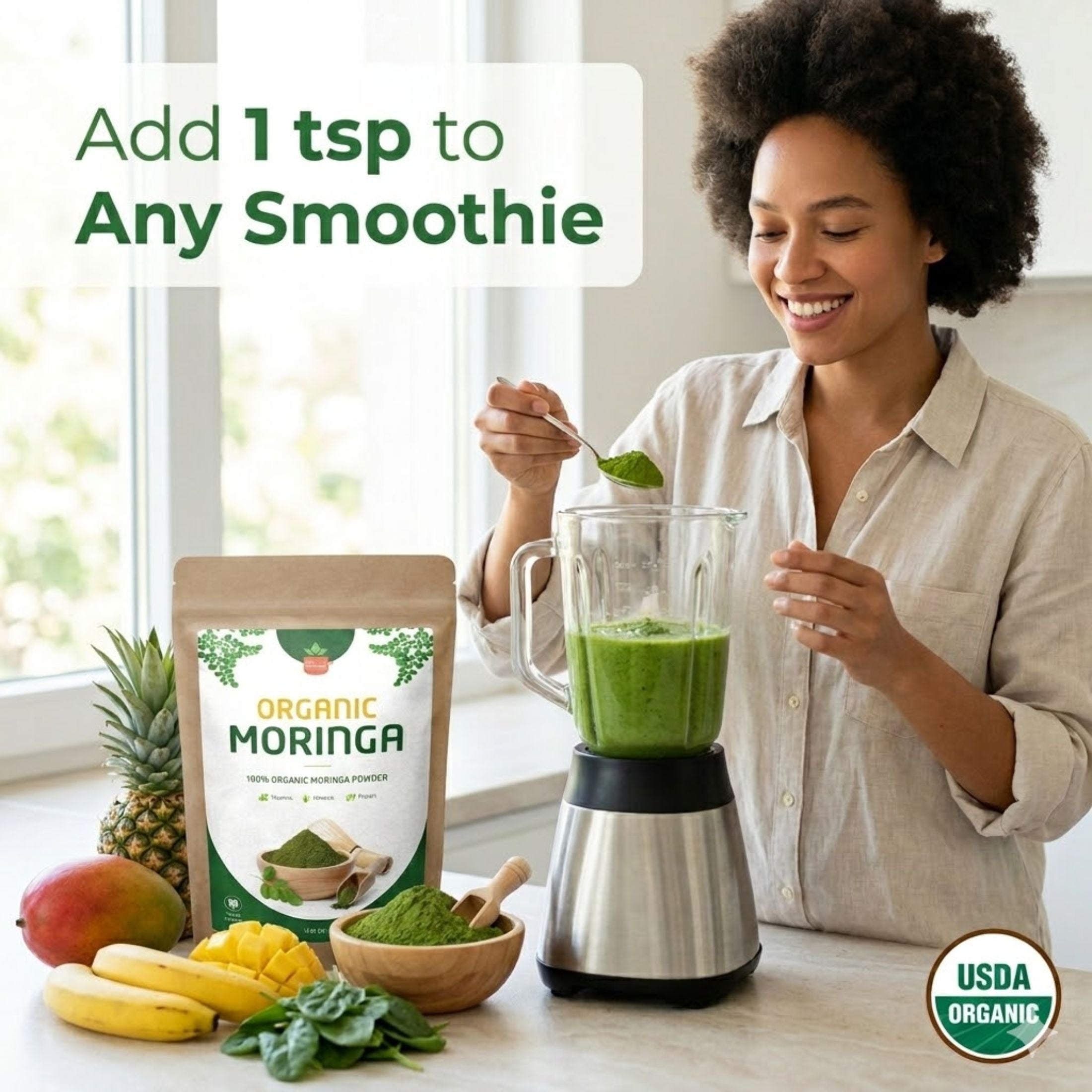 Organic Moringa Powder — USDA Certified | Smoothies, Golden Milk & Superfood Blends from India