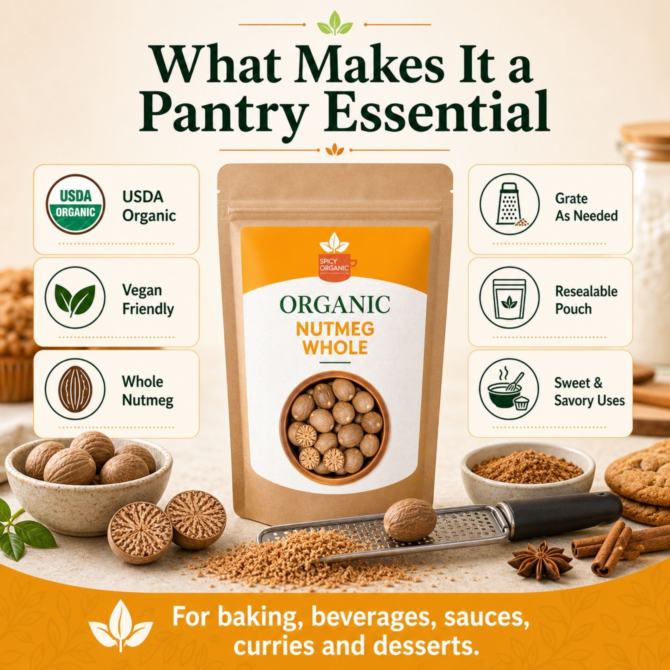 Organic Whole Nutmeg — USDA Certified | Baking, Béchamel & Spiced Beverages