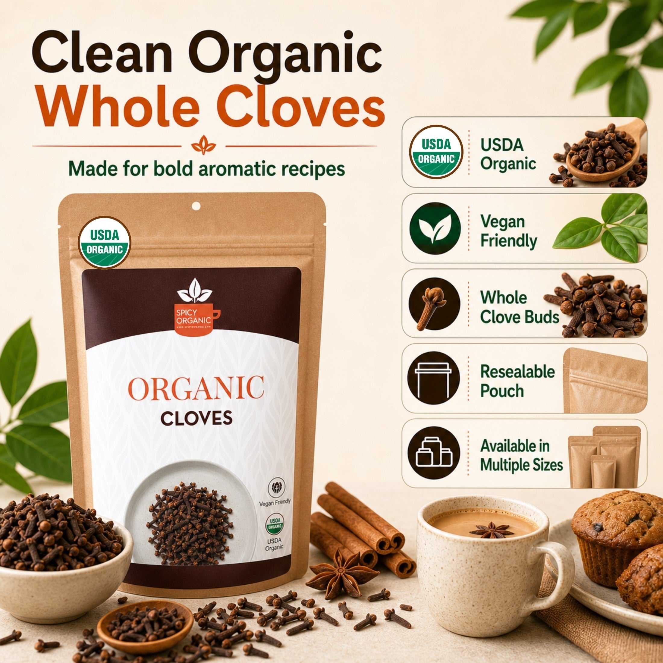 Organic Whole Cloves — USDA Certified, Non-GMO | Mulled Wine, Biryani & Spiced Tea