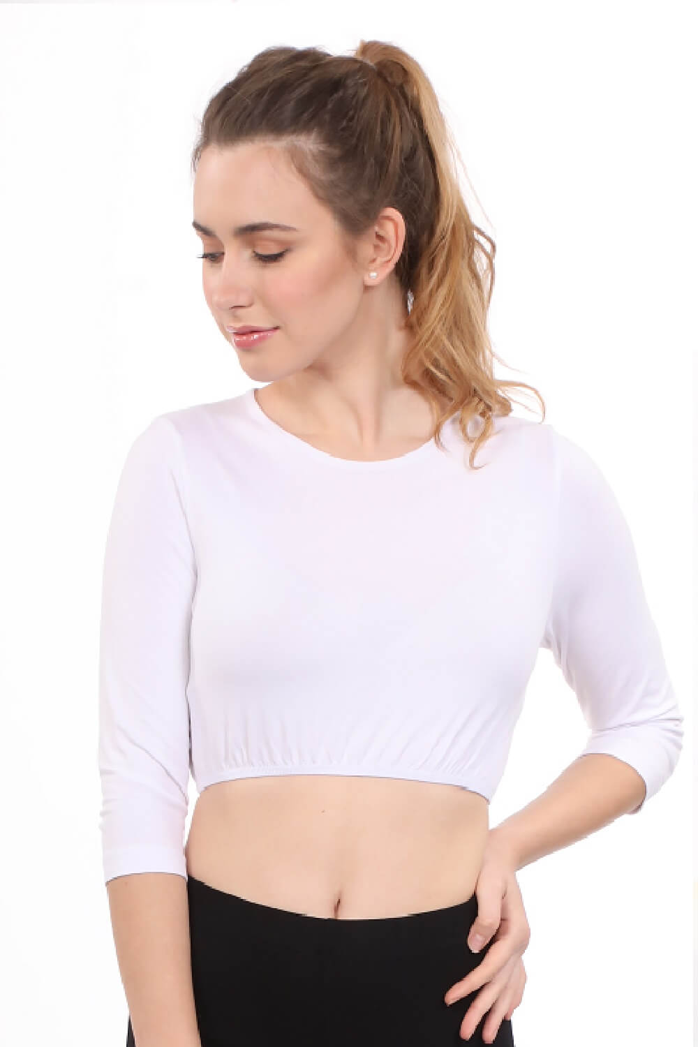 Modest Neck Cropped Layering - Cotton Spandex 3/4 Sleeve Shell Top