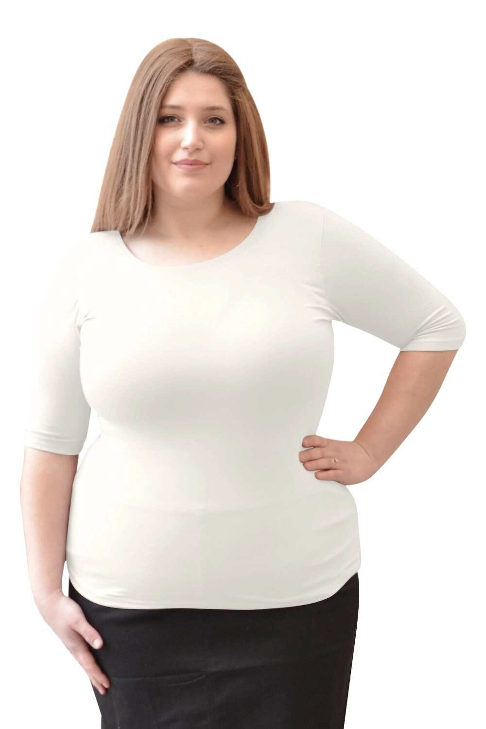 Women's and Plus Size Fitted Layering Shell - Modest Round Neck with Elbow Sleeves