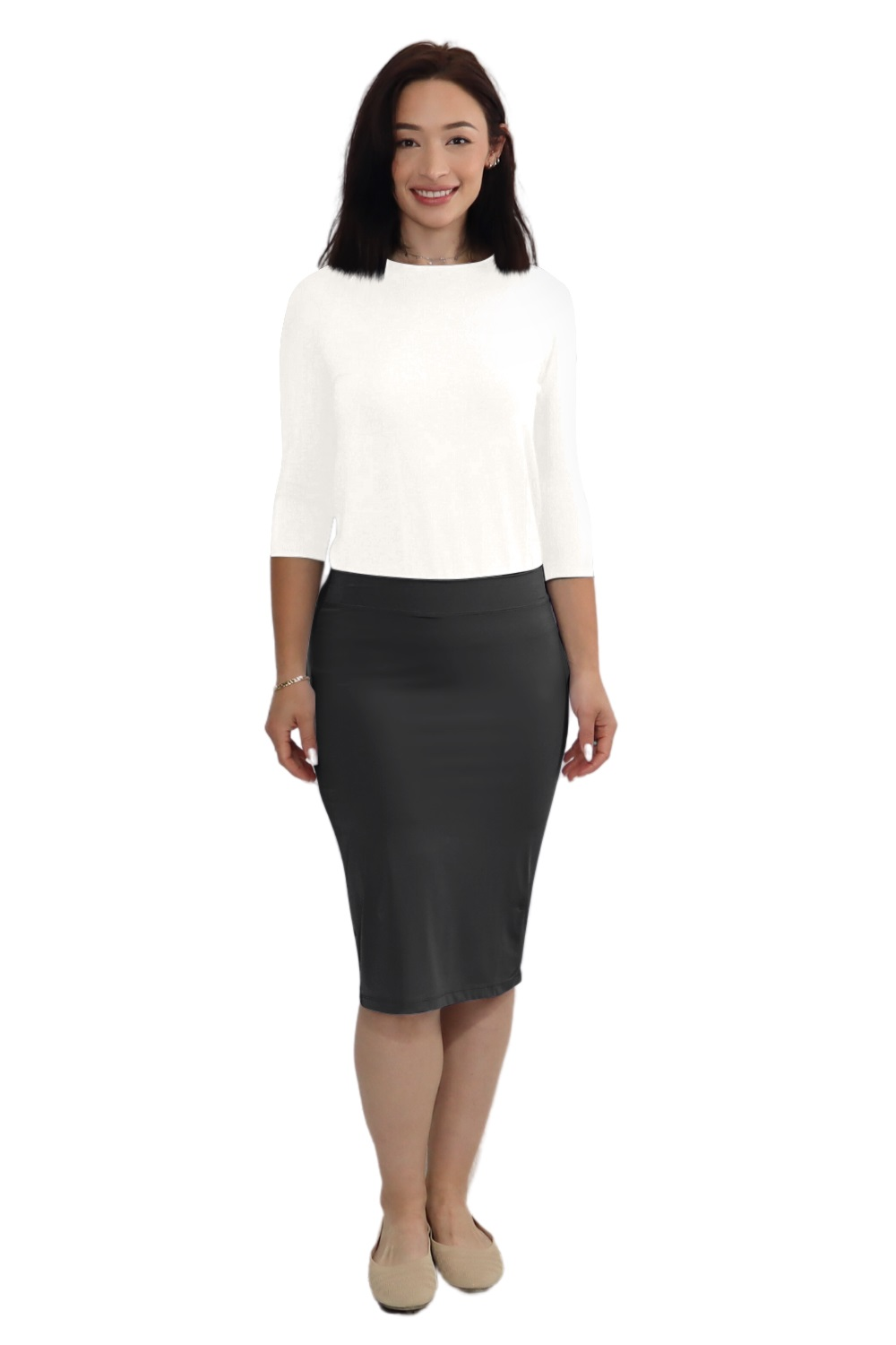Lightweight Silky Fitted Knee-Length Pencil Skirt in Stretch Nylon