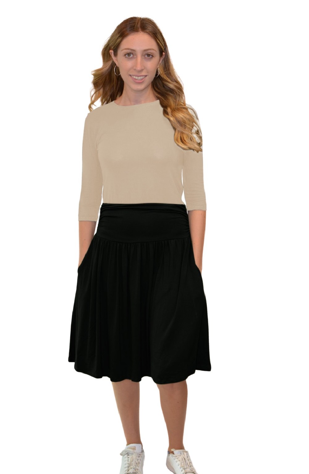 Women's Knee-Length Skirt with Ruched Waist, Gathered Style and Side Pockets