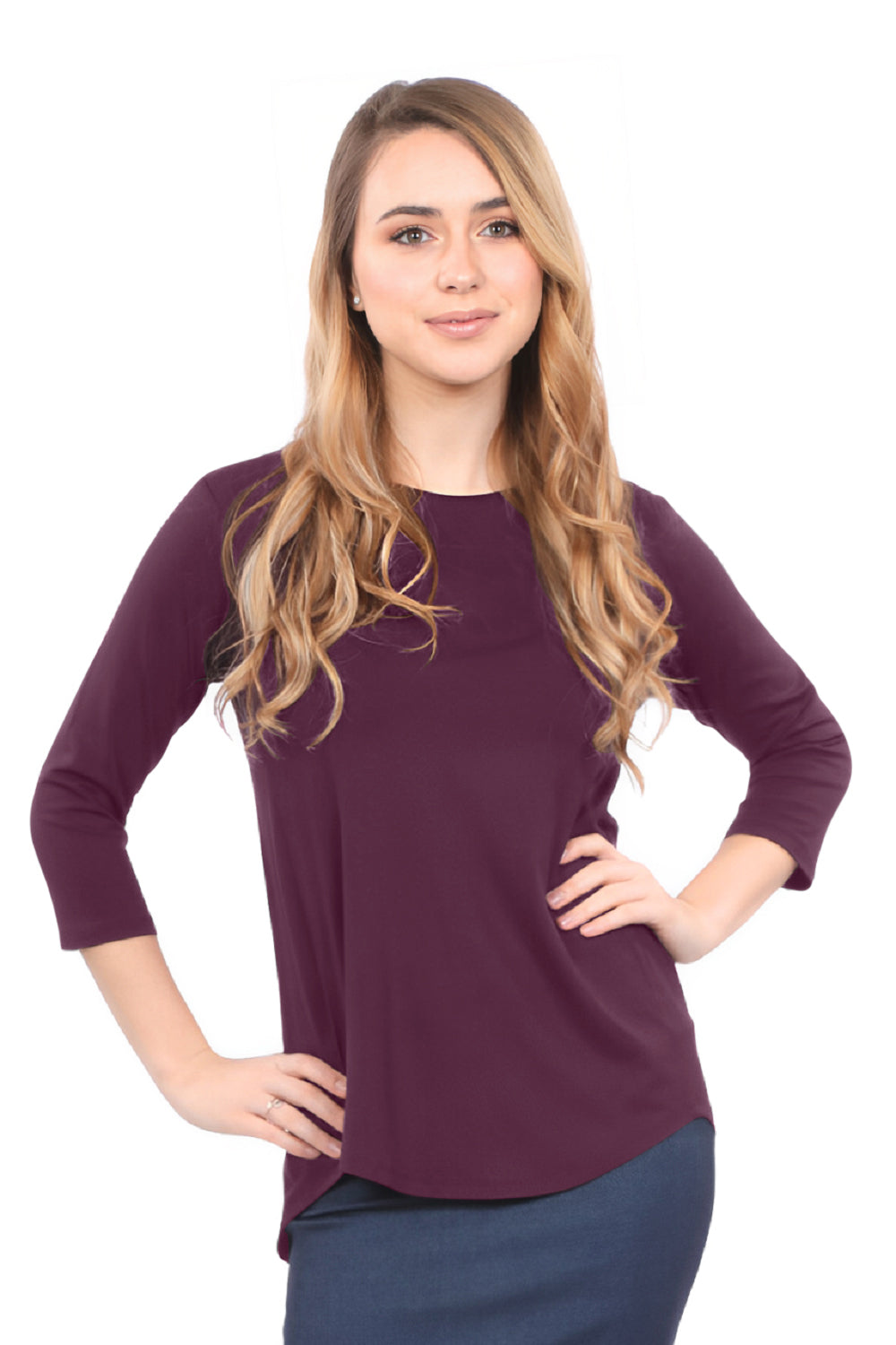 3/4 Sleeve Curved Hem Tunic Top - Breathable Viscose Spandex