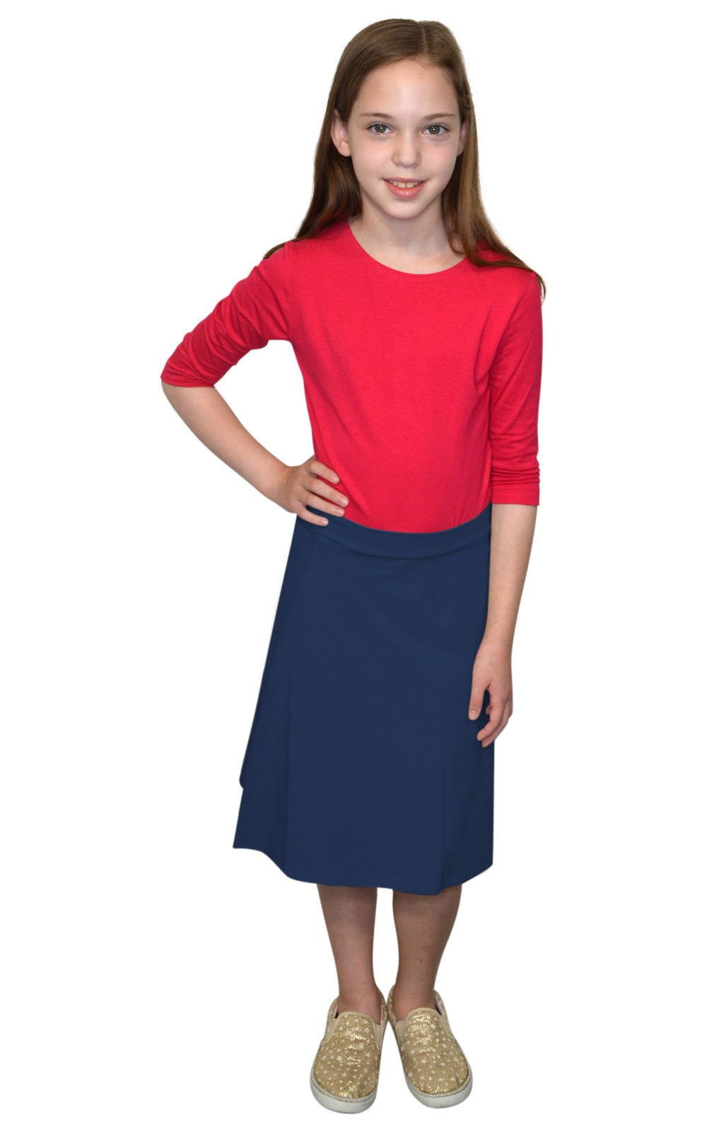 Girls' Cotton-Spandex A-Line Skirt - Knee Length Comfort