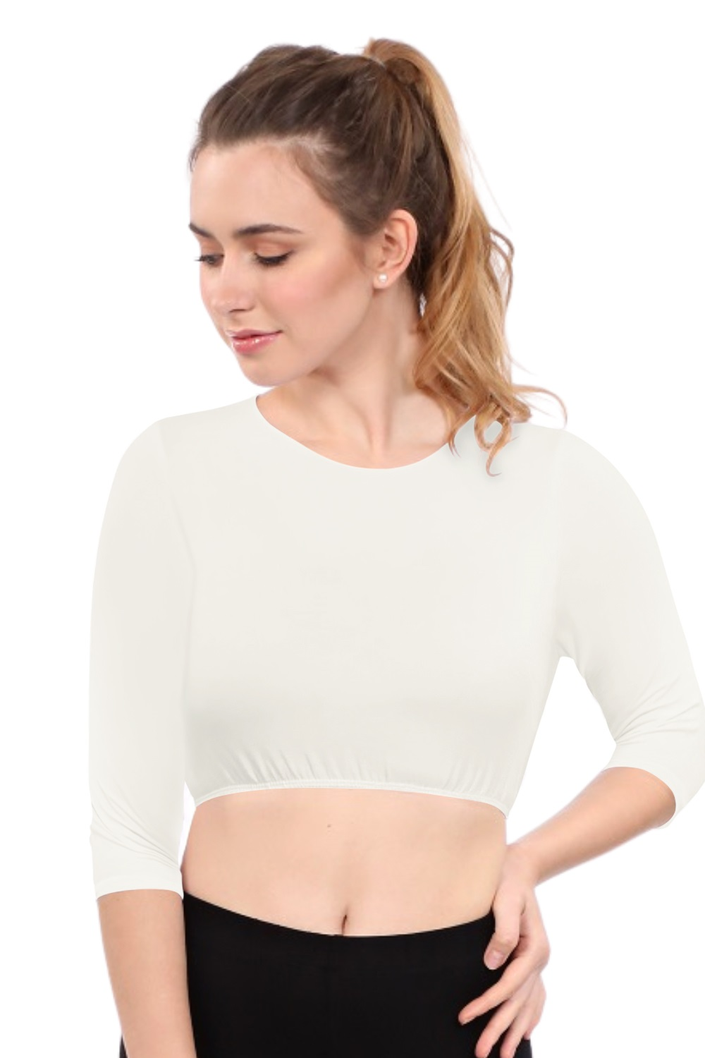 Modest Neck Cropped Layering - Cotton Spandex 3/4 Sleeve Shell Top