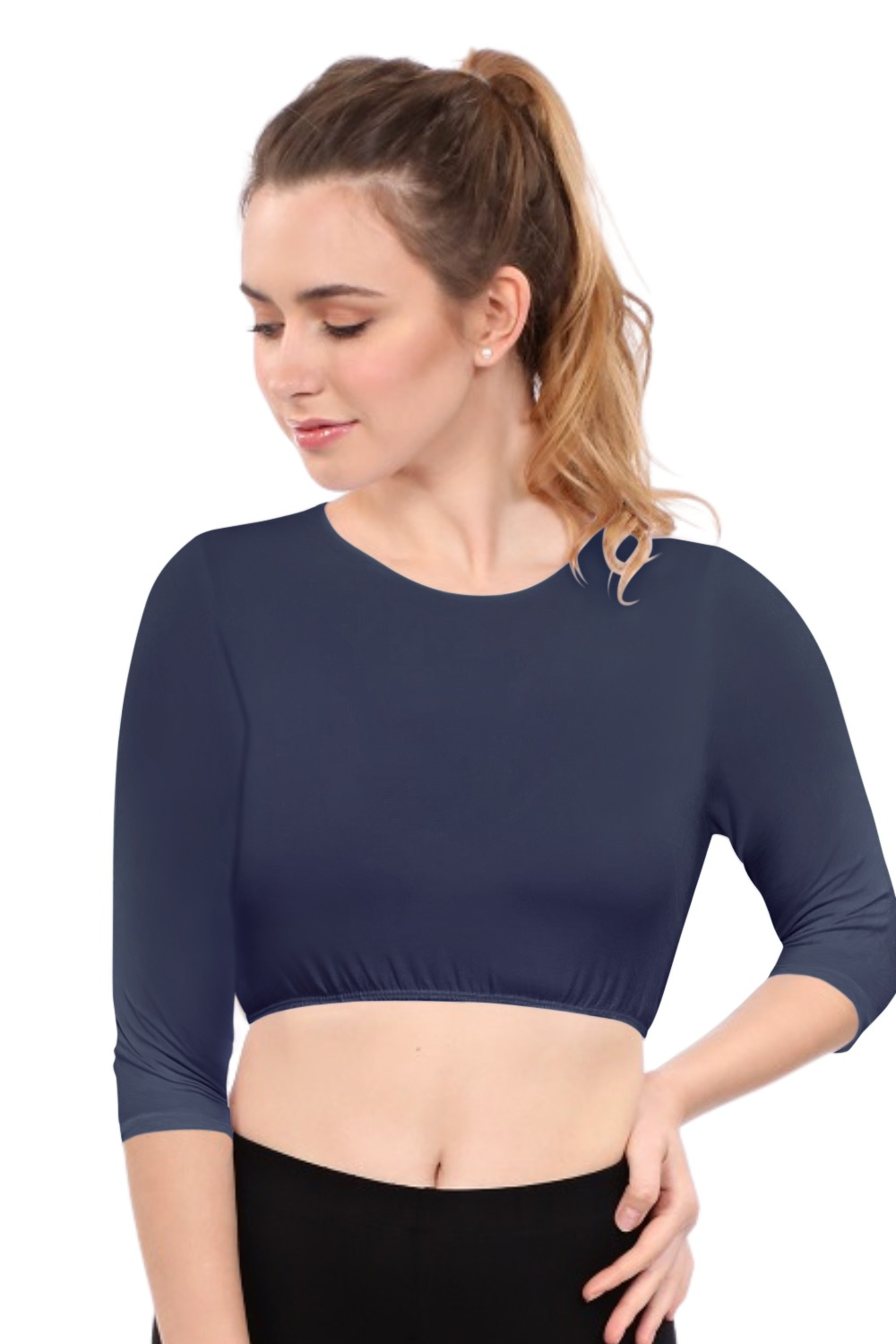 Modest Neck Cropped Layering - Cotton Spandex 3/4 Sleeve Shell Top