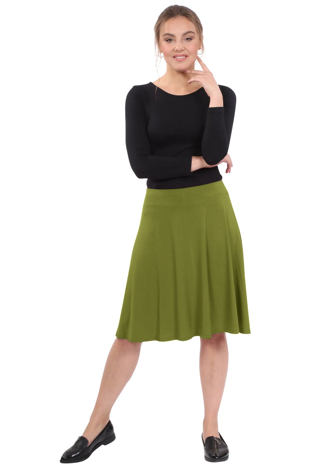 Knee Length A-Line Skater Skirt with Full Elastic Waist