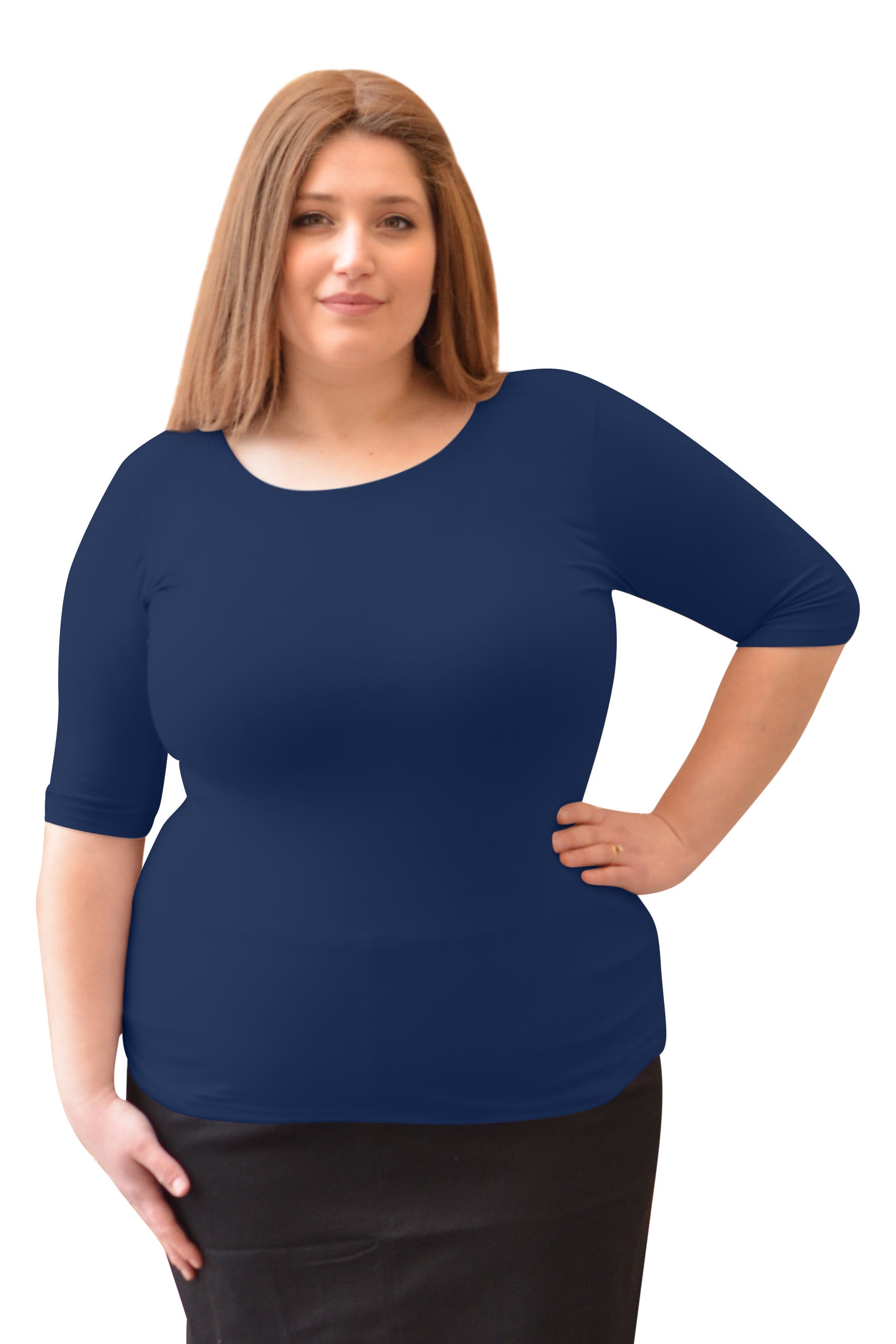 Women's and Plus Size Fitted Layering Shell - Modest Round Neck with Elbow Sleeves