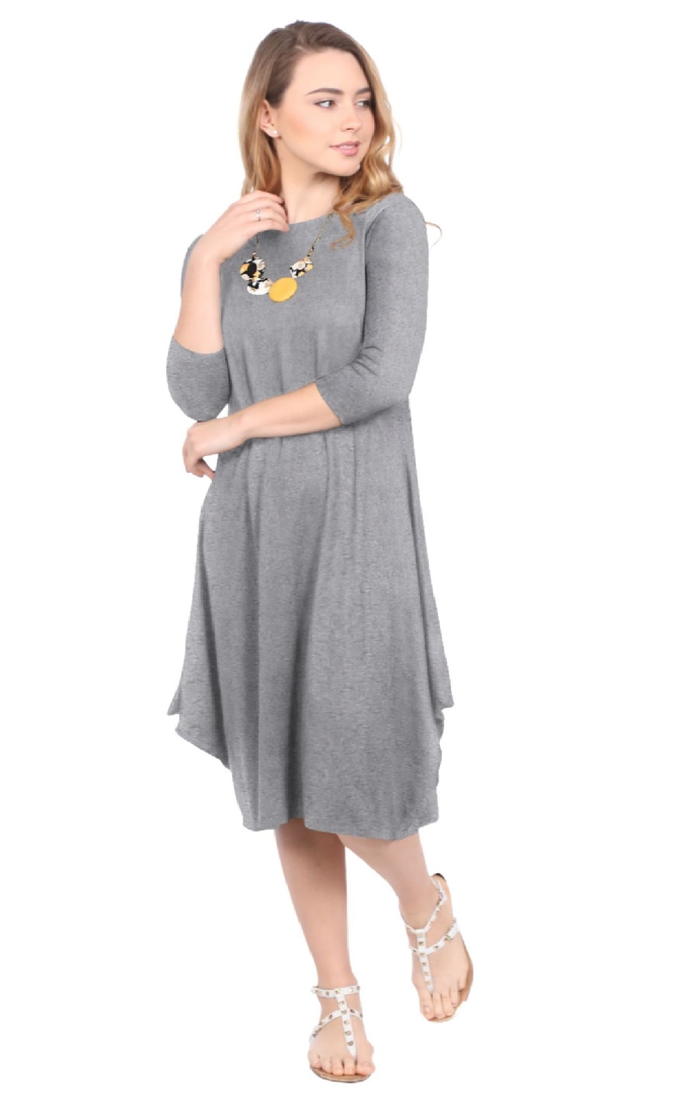 Flowing Midi Dress with 3/4 Sleeves and Dramatic Drape