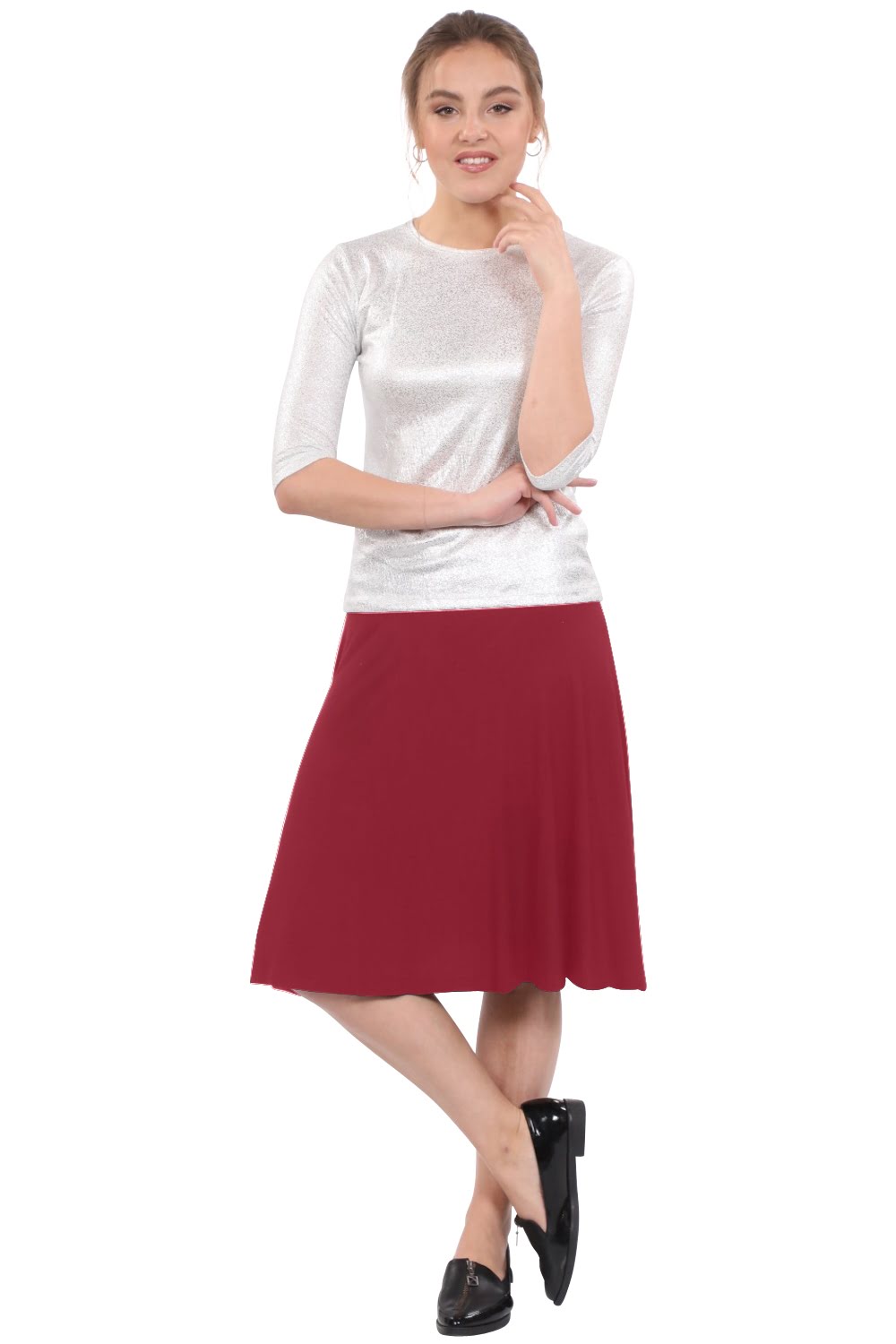 Knee Length A-Line Skater Skirt with Full Elastic Waist