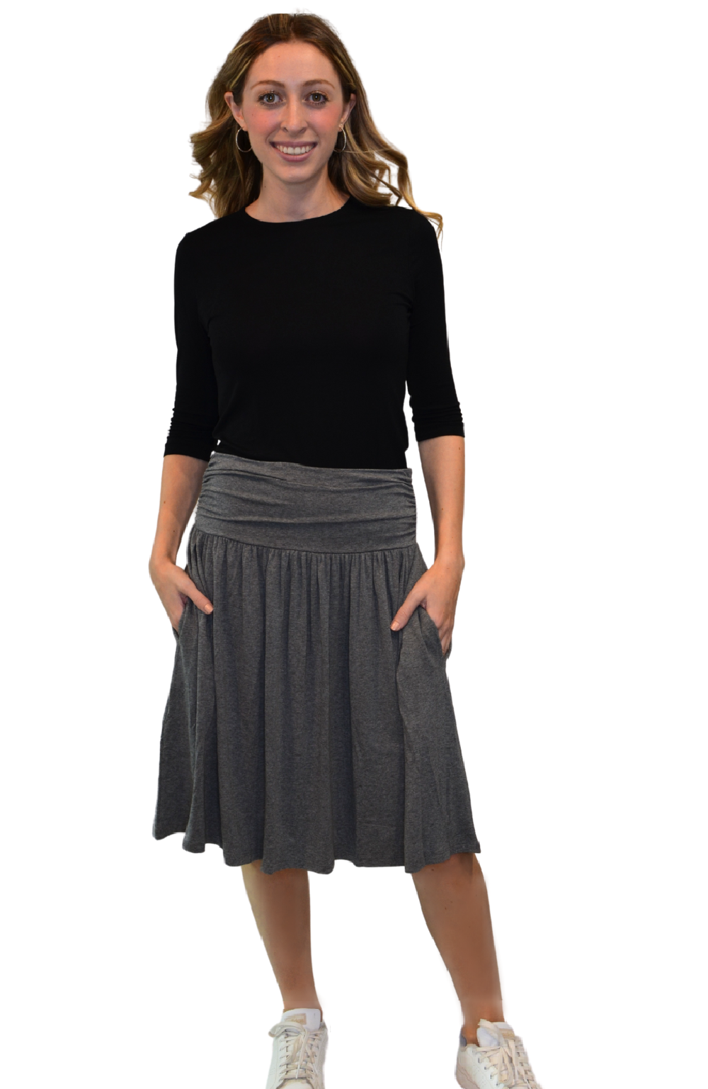 Women's Knee-Length Skirt with Ruched Waist, Gathered Style and Side Pockets