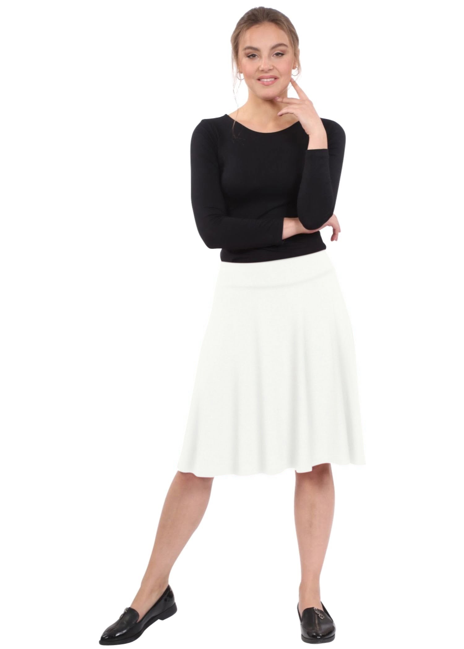 Knee Length A-Line Skater Skirt with Full Elastic Waist