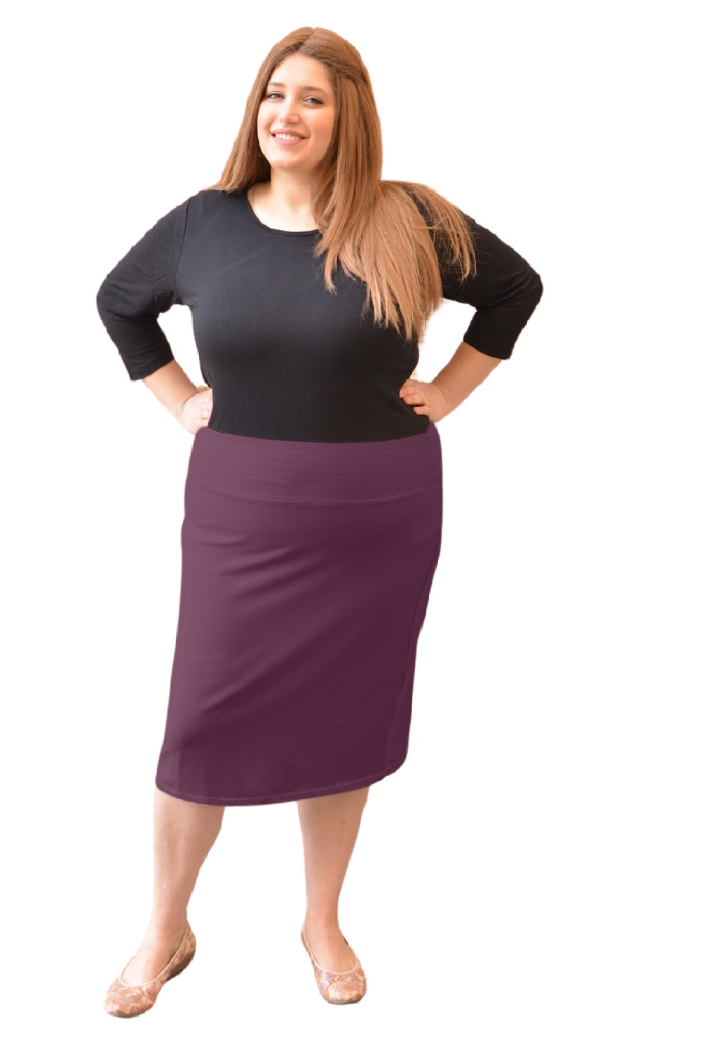 Plus Size Modest Stretch Knee Length Pencil Skirt in Cotton Spandex