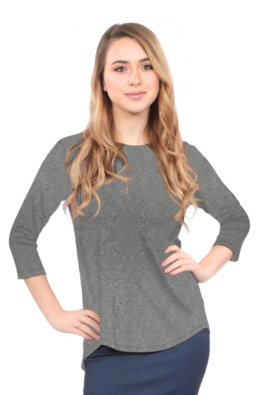 3/4 Sleeve Curved Hem Tunic Top - Breathable Viscose Spandex