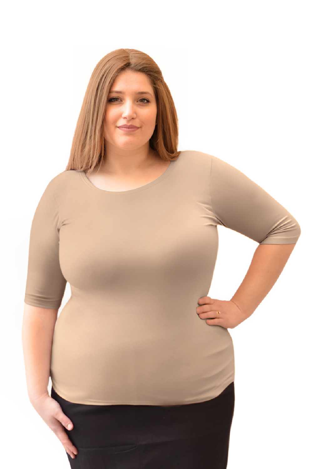 Women's and Plus Size Fitted Layering Shell - Modest Round Neck with Elbow Sleeves