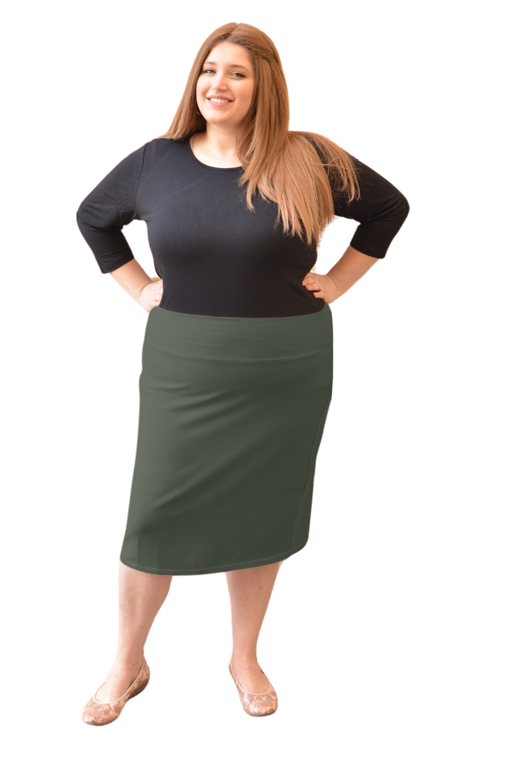 Plus Size Modest Stretch Knee Length Pencil Skirt in Cotton Spandex