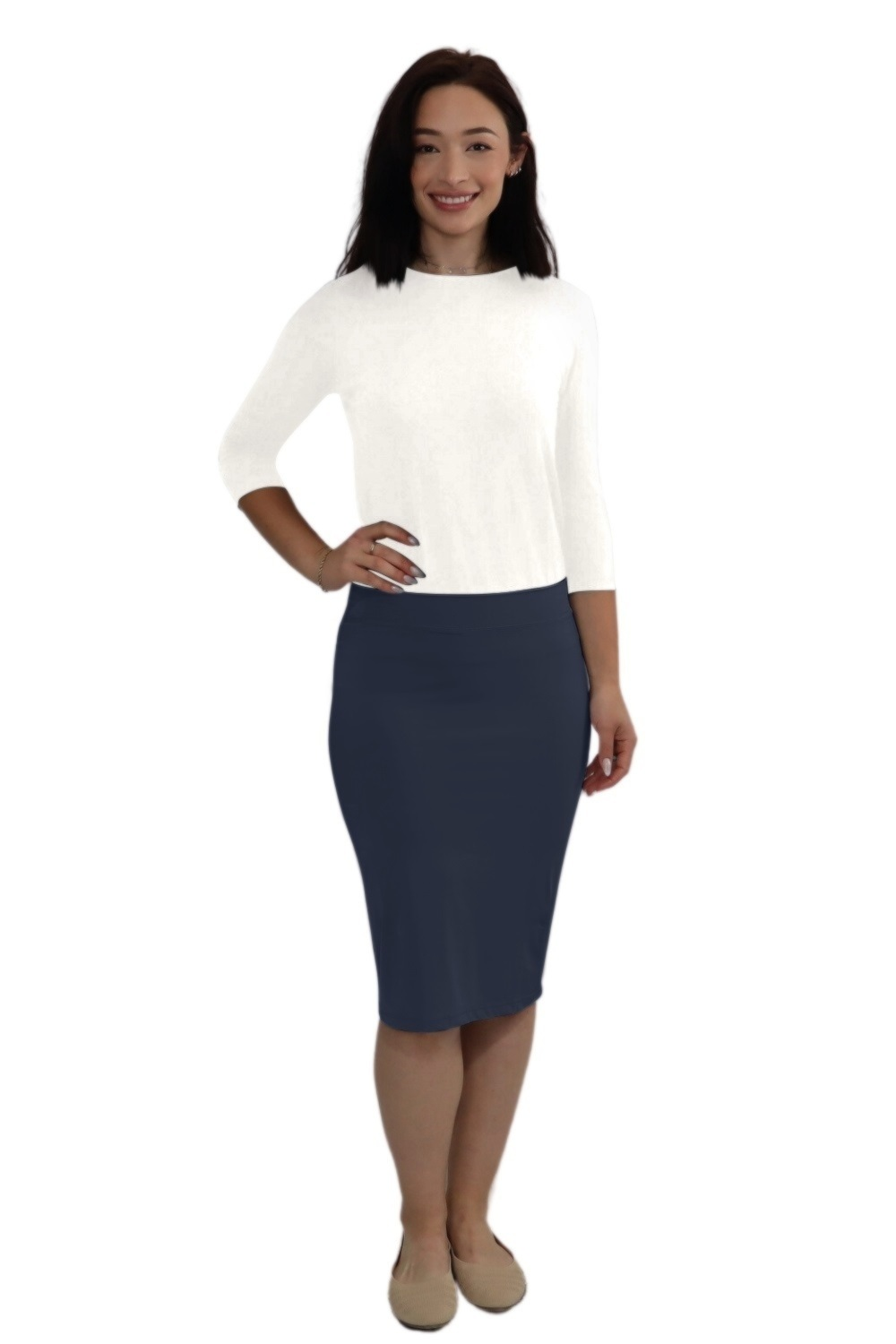 Lightweight Silky Fitted Knee-Length Pencil Skirt in Stretch Nylon