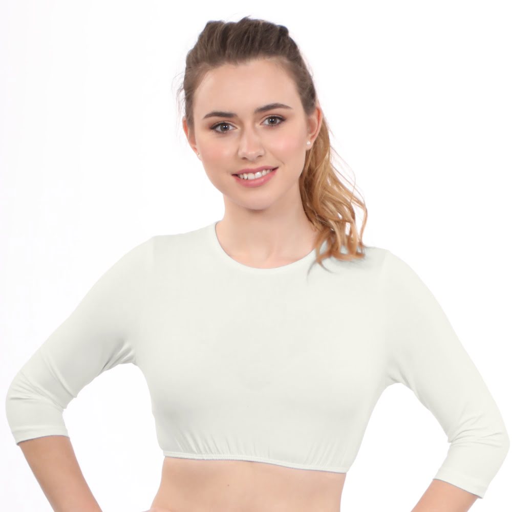 Modest Neck Cropped Layering - Cotton Spandex 3/4 Sleeve Shell Top