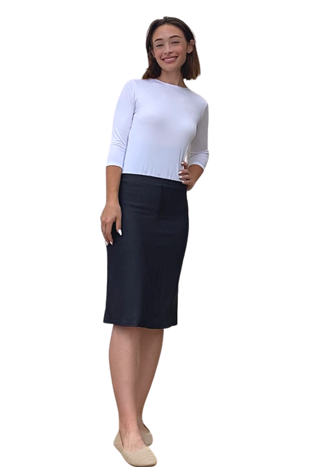 Faux Knit Denim Knee-Length Pencil Skirt with Stretch