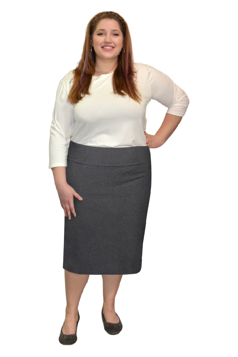 Plus Size Modest Stretch Knee Length Pencil Skirt in Cotton Spandex