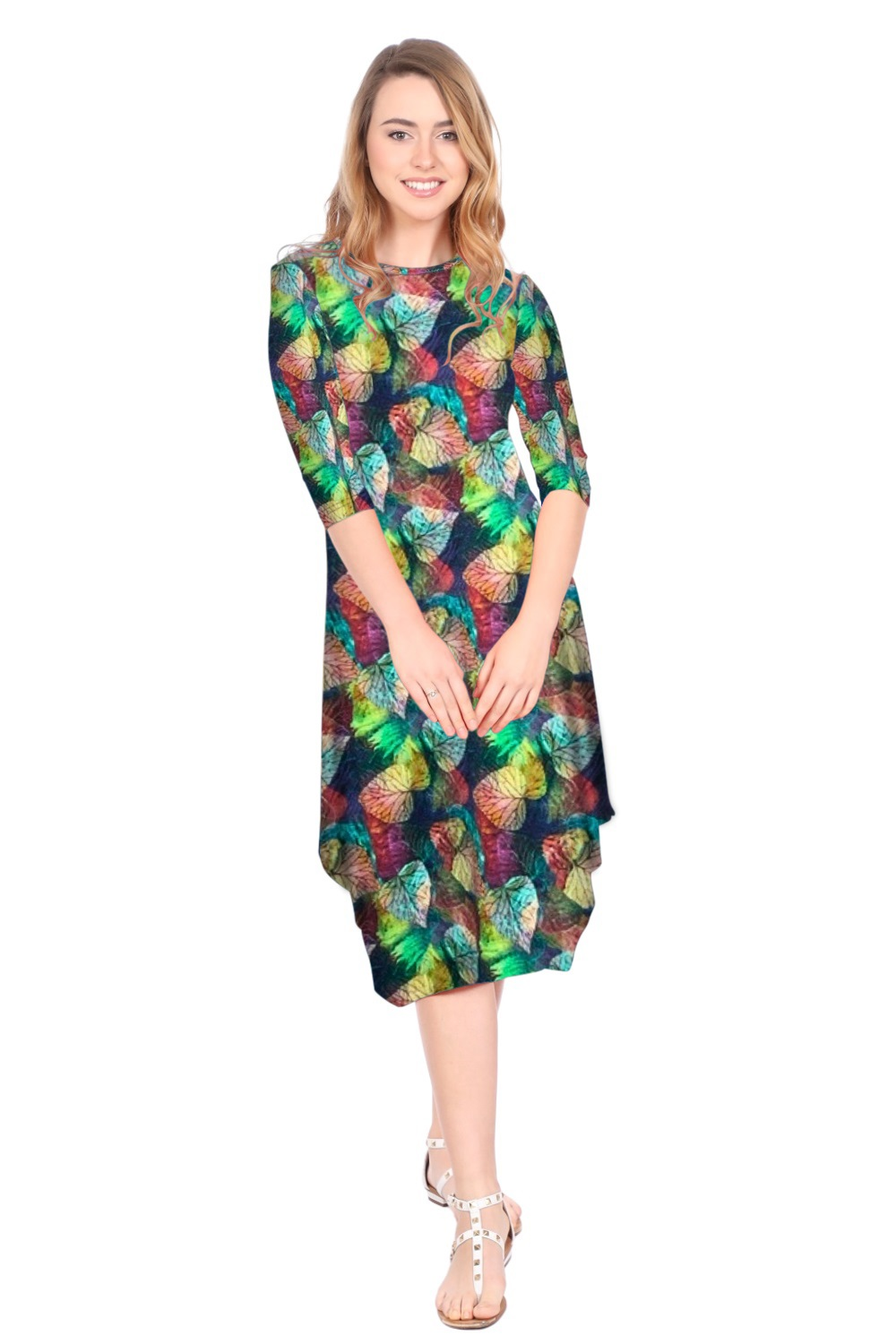 Flowing Midi Dress with 3/4 Sleeves and Dramatic Drape