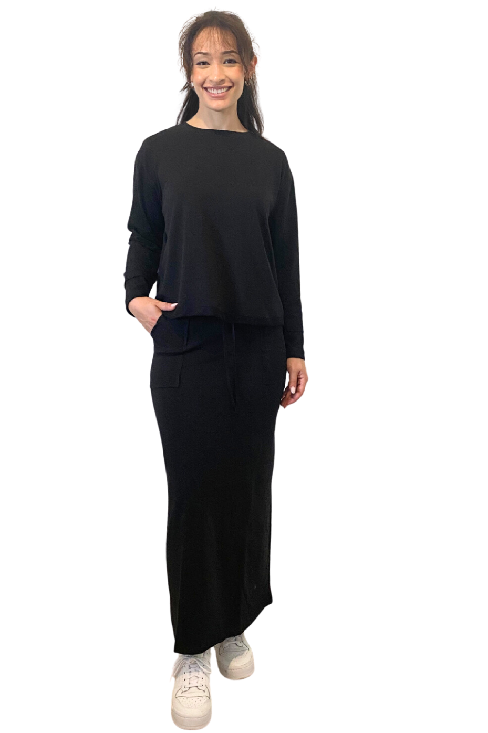 French Terry Cotton Blend Maxi Skirt with Pockets - Casual Comfort