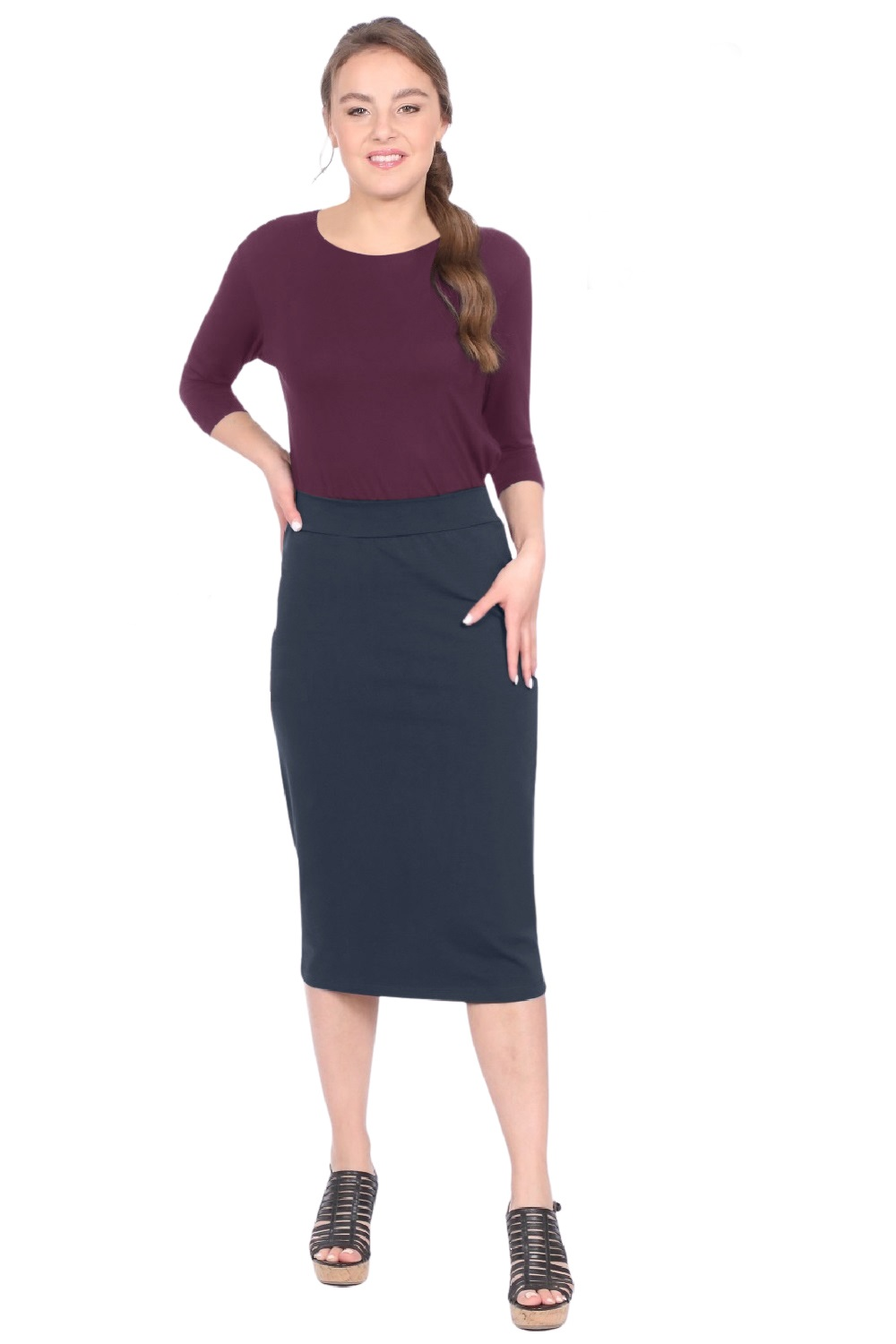 Mid-Calf Pencil Skirt in Cotton Spandex – No Slits