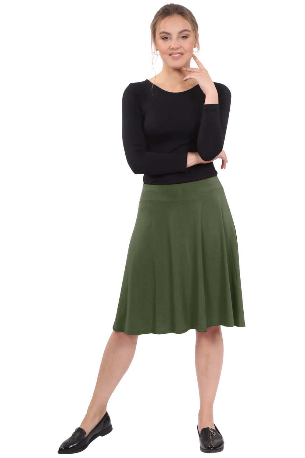 Knee Length A-Line Skater Skirt with Full Elastic Waist