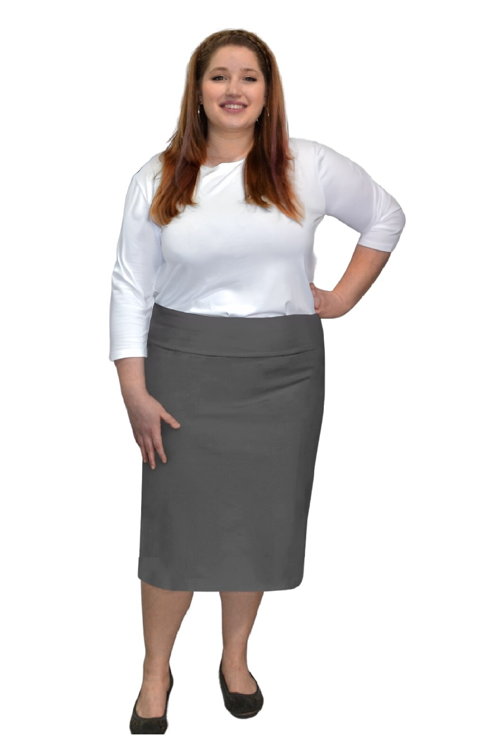 Plus Size Modest Stretch Knee Length Pencil Skirt in Cotton Spandex