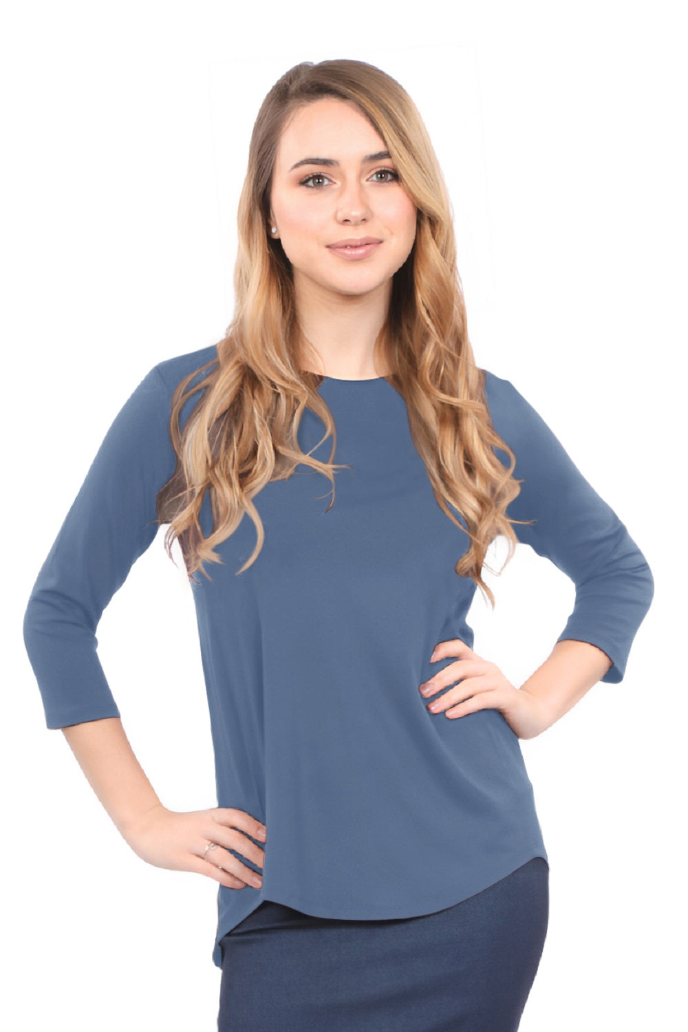 3/4 Sleeve Curved Hem Tunic Top - Breathable Viscose Spandex