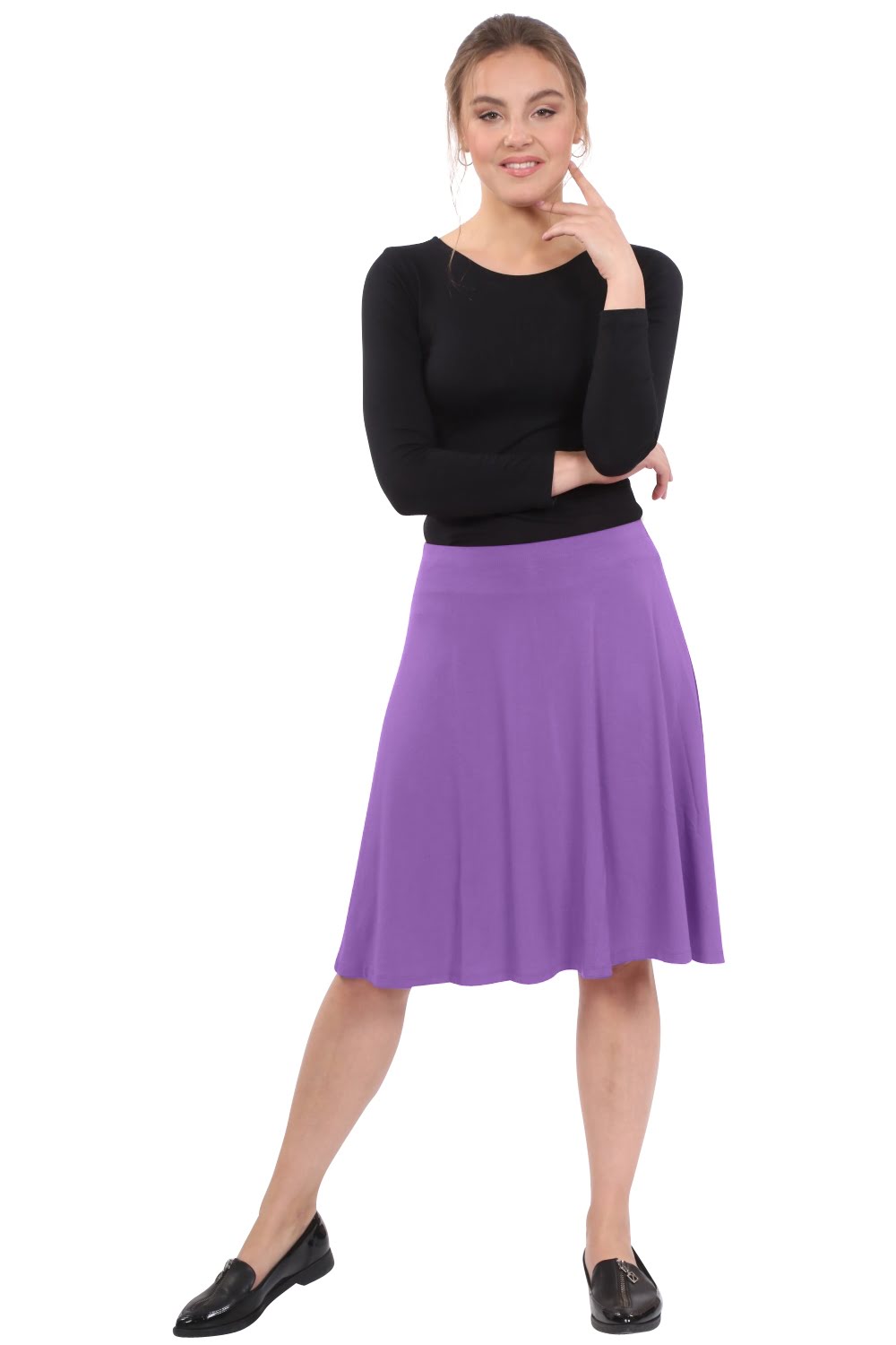 Knee Length A-Line Skater Skirt with Full Elastic Waist