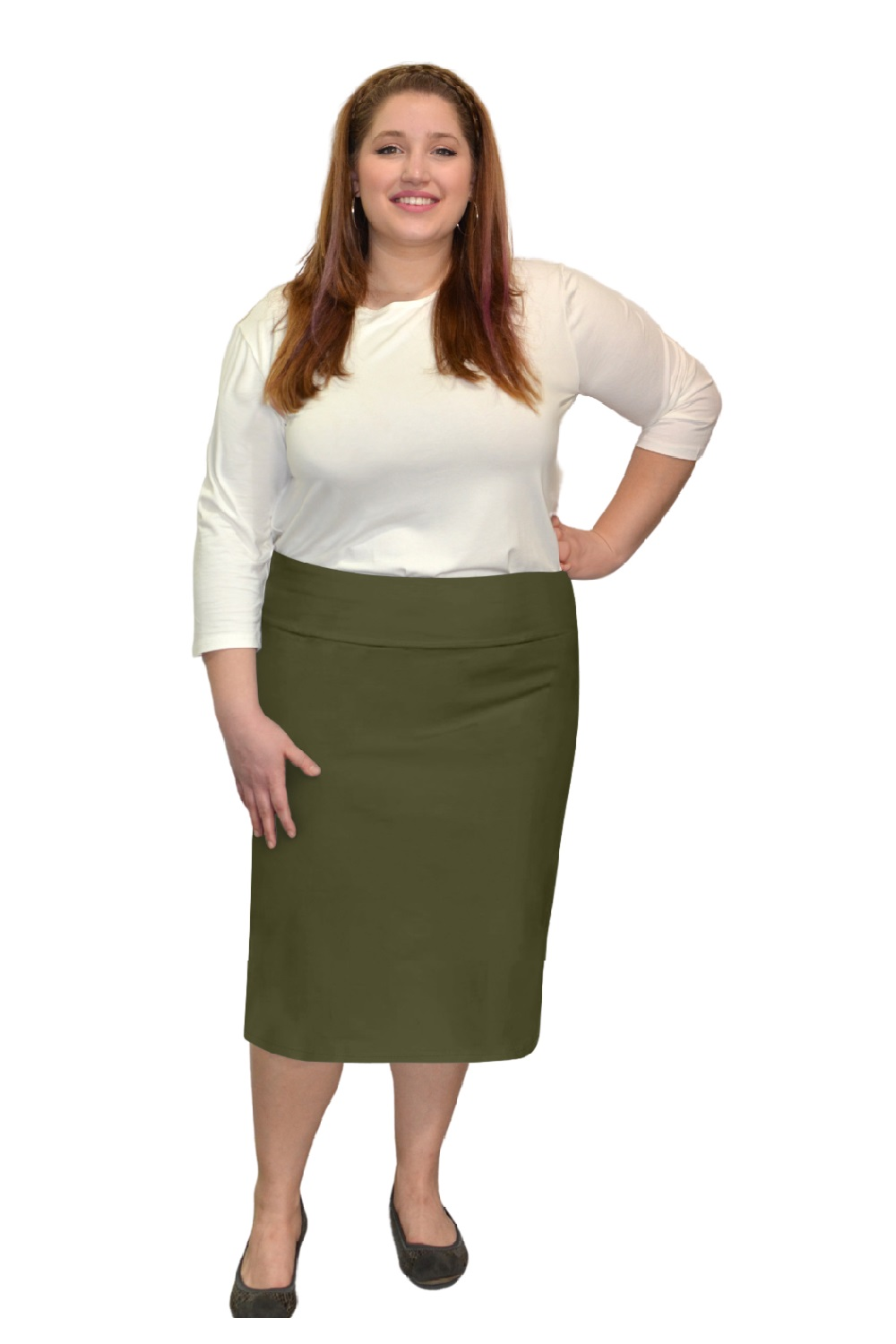 Plus Size Modest Stretch Knee Length Pencil Skirt in Cotton Spandex