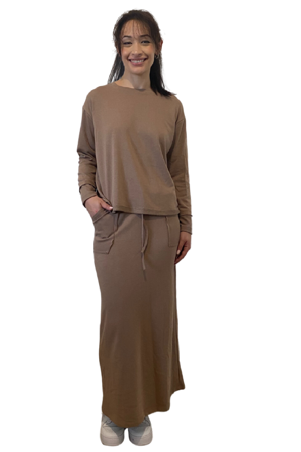 French Terry Cotton Blend Maxi Skirt with Pockets - Casual Comfort