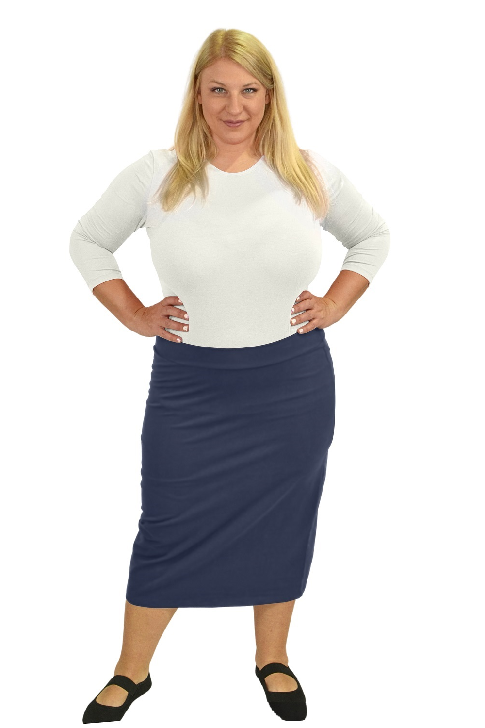 Plus Size Mid-Calf Pencil Skirt in Cotton Spandex