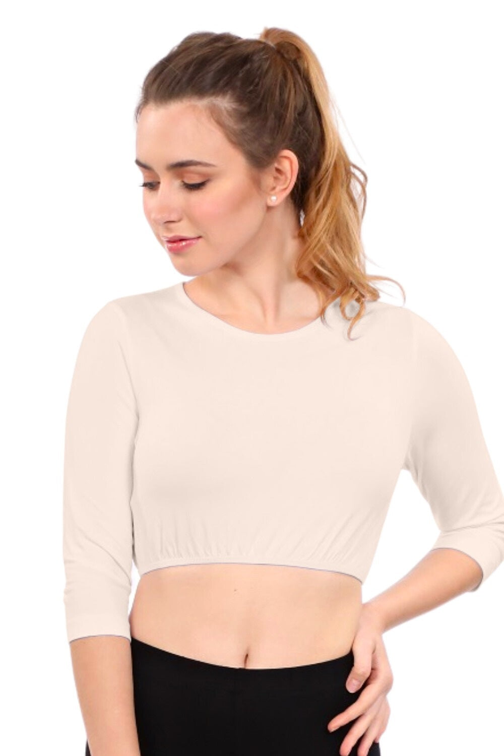 Modest Neck Cropped Layering - Cotton Spandex 3/4 Sleeve Shell Top