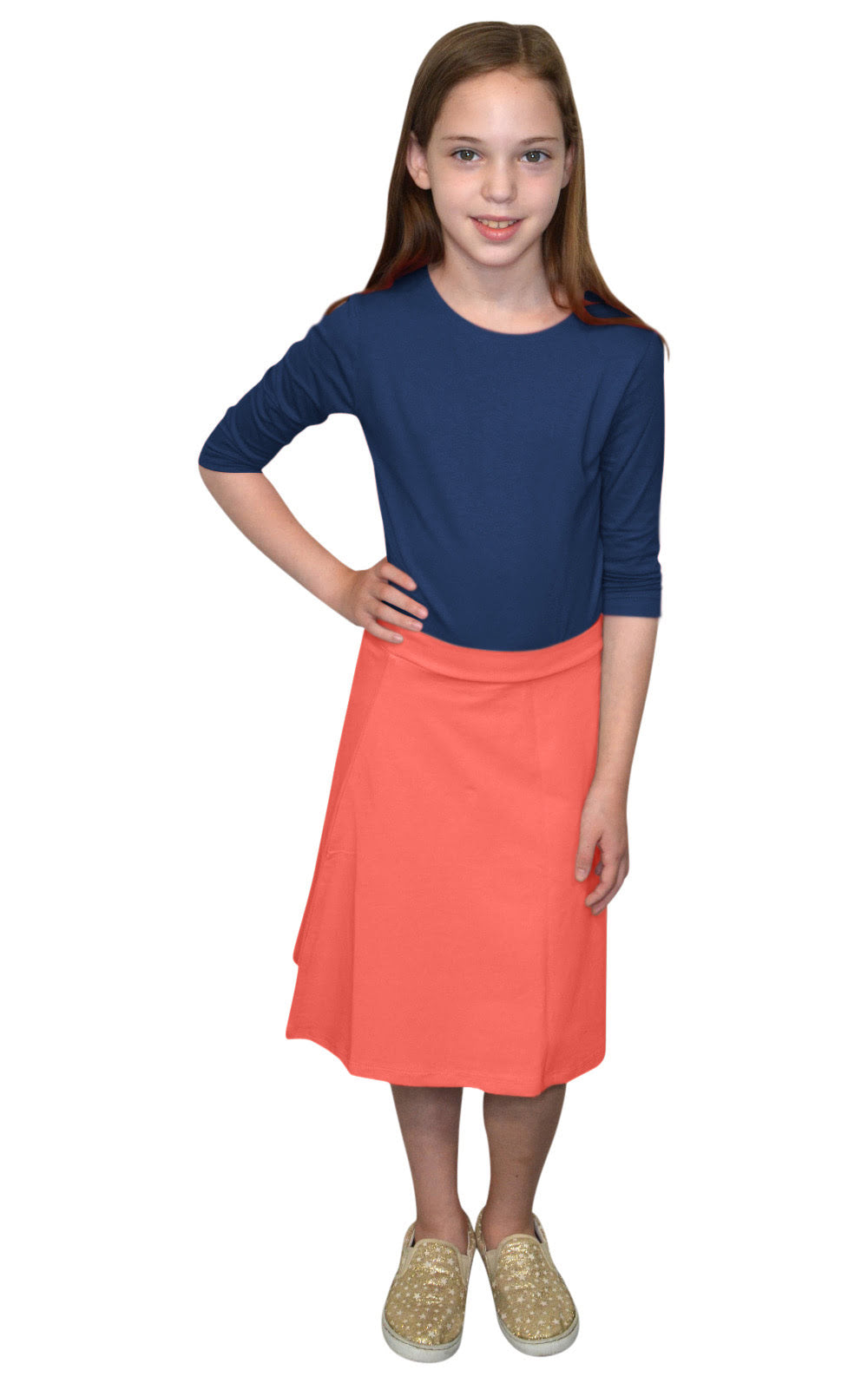Girls' Cotton-Spandex A-Line Skirt - Knee Length Comfort