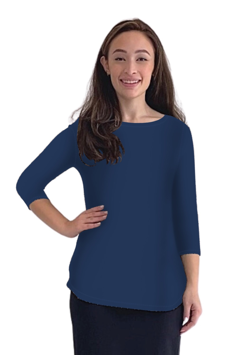Curved Side Hem Tunic with 3/4 Sleeves and Modest Crew Neckline