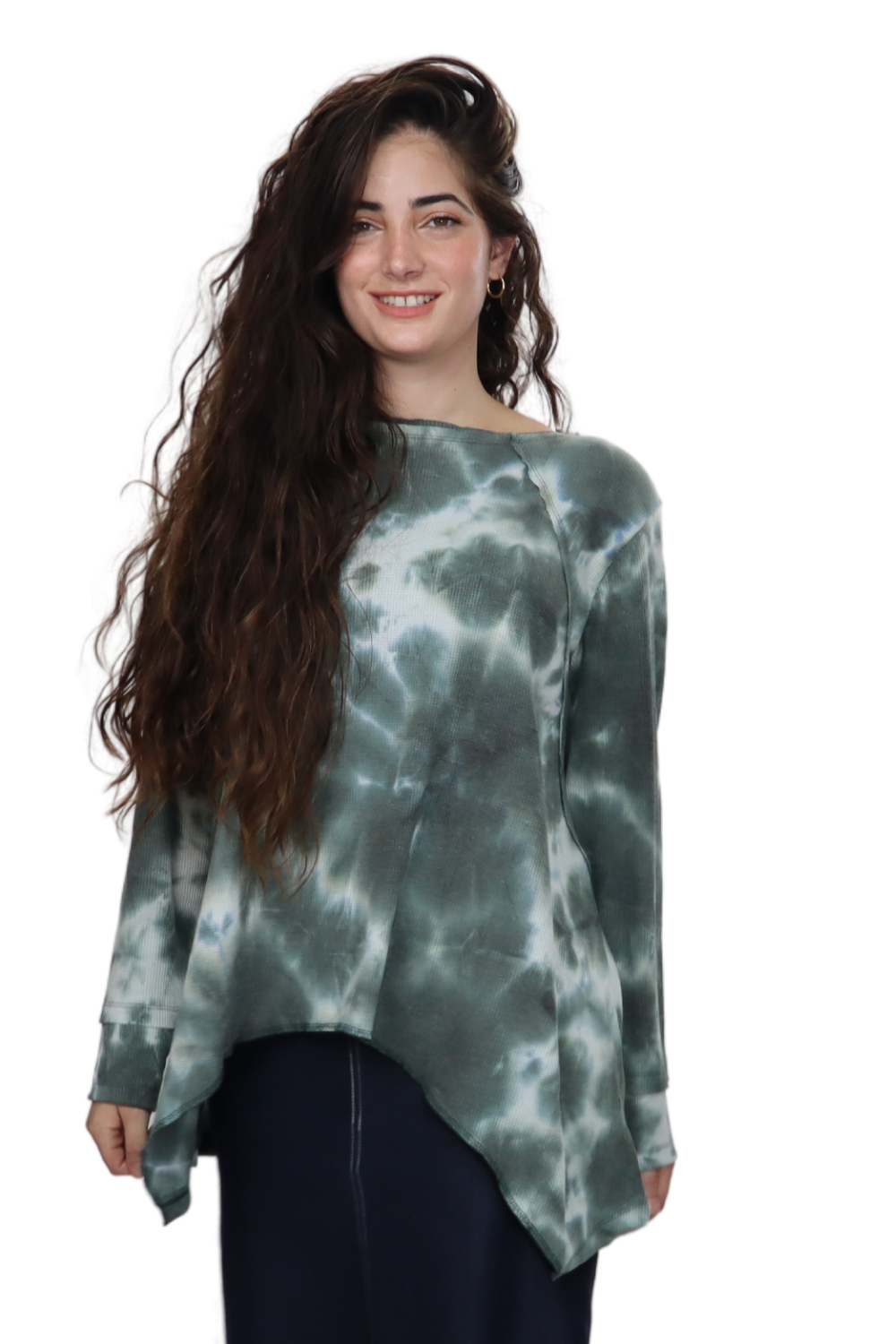 Plus Size Long Sleeve Relaxed Fit Tie-Dye Waffle Tunic