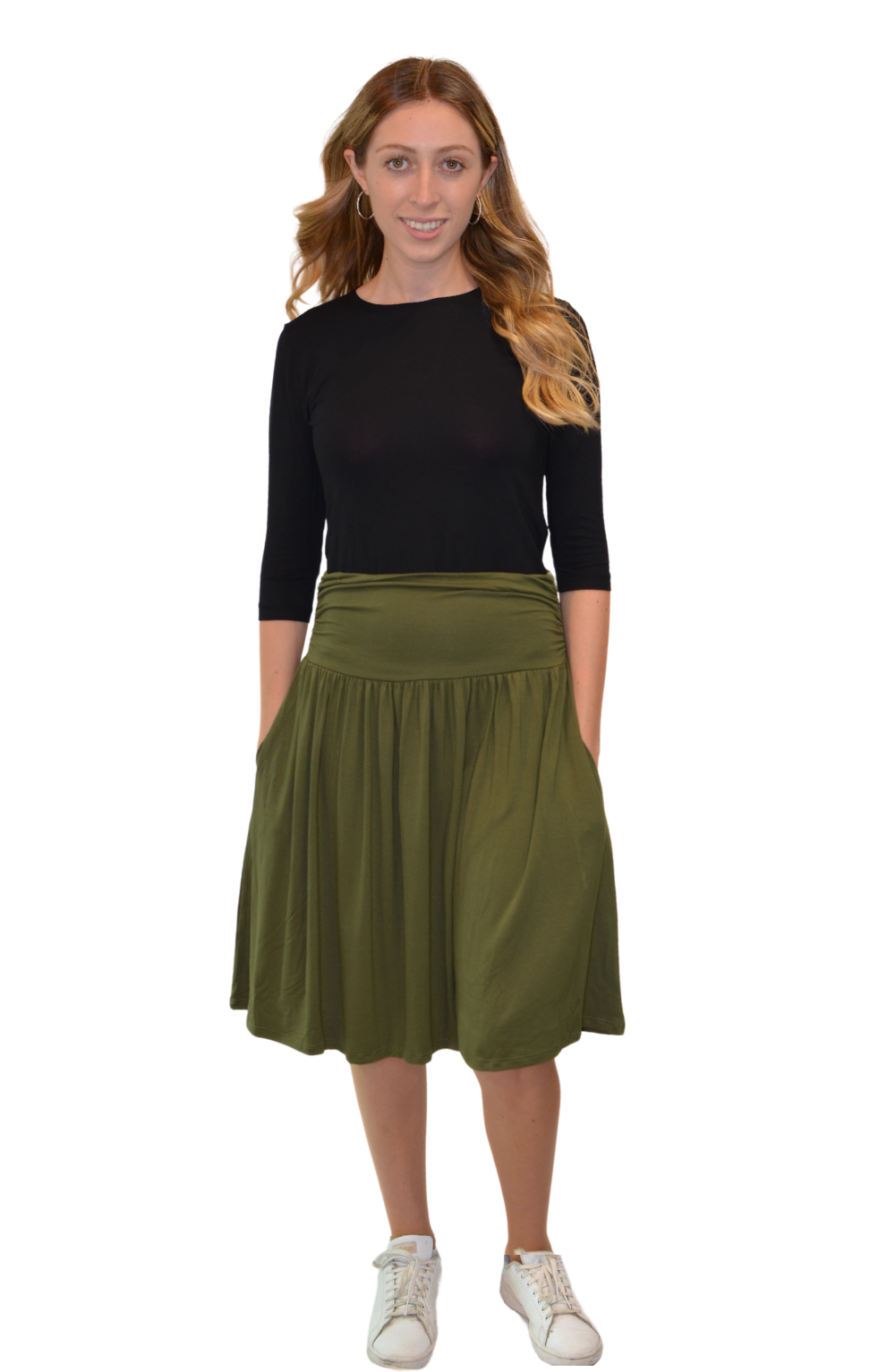 Women's Knee-Length Skirt with Ruched Waist, Gathered Style and Side Pockets