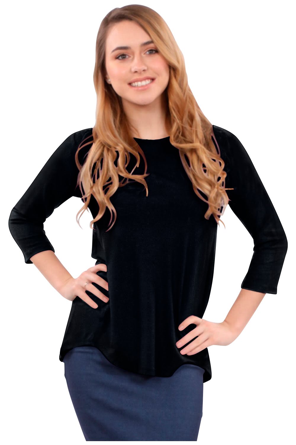 3/4 Sleeve Curved Hem Tunic Top - Breathable Viscose Spandex