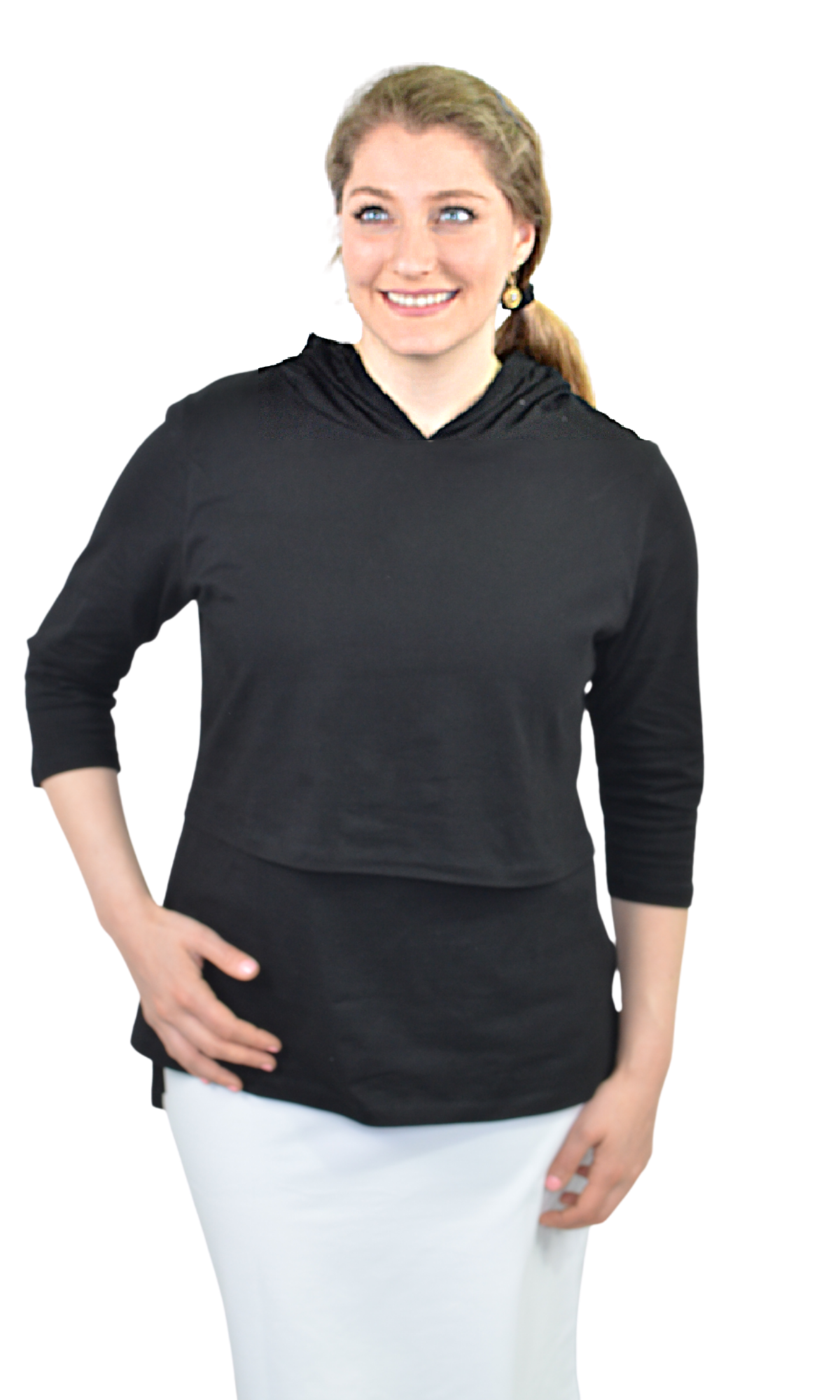 3/4 Sleeve Cotton Nursing Hoodie - Comfortable Double-Layer Tunic Top