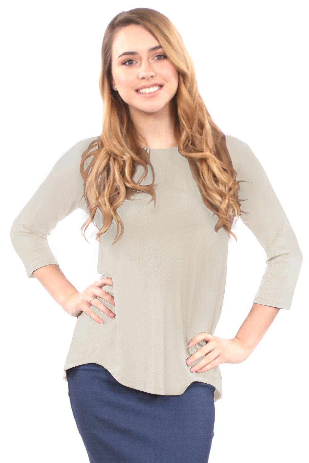 3/4 Sleeve Curved Hem Tunic Top - Breathable Viscose Spandex