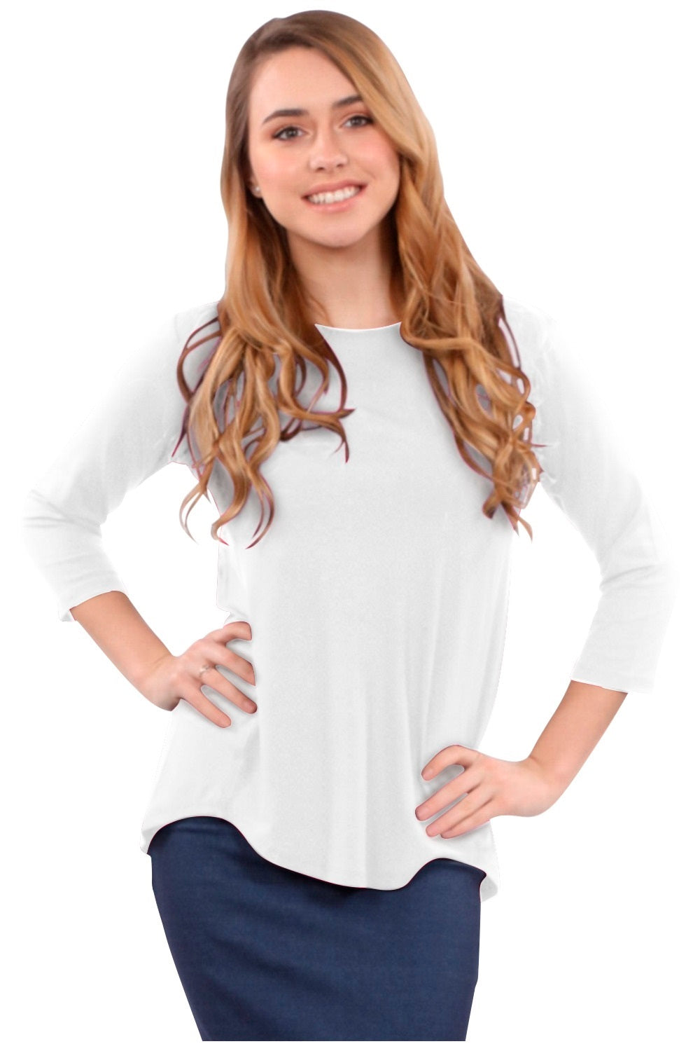 3/4 Sleeve Curved Hem Tunic Top - Breathable Viscose Spandex