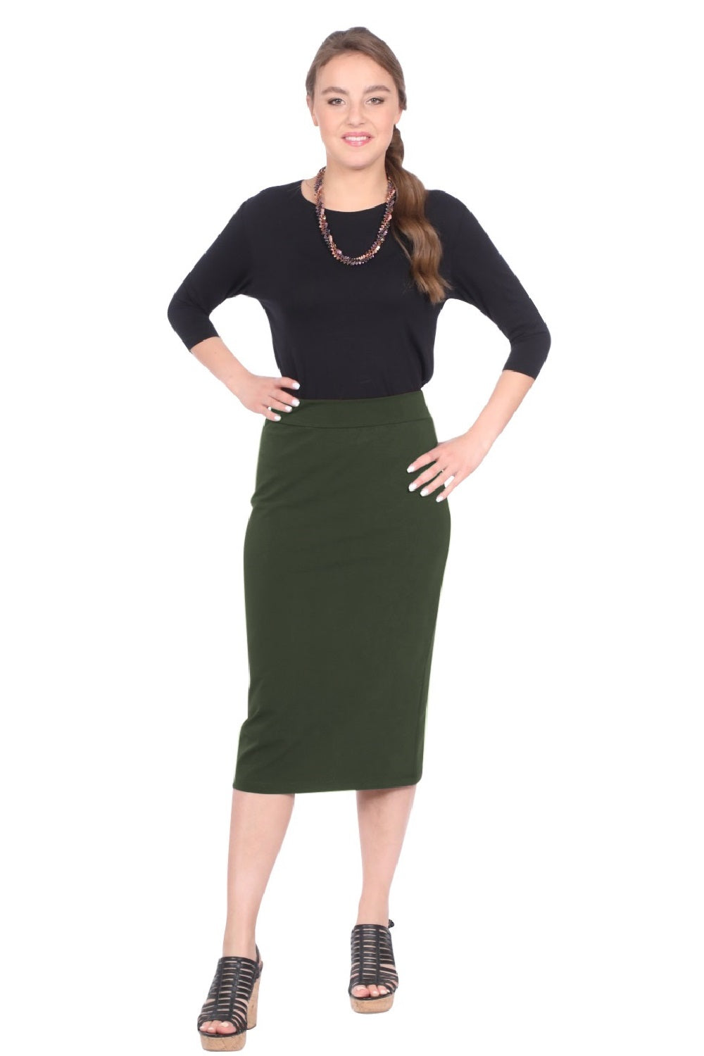 Mid-Calf Pencil Skirt in Cotton Spandex – No Slits