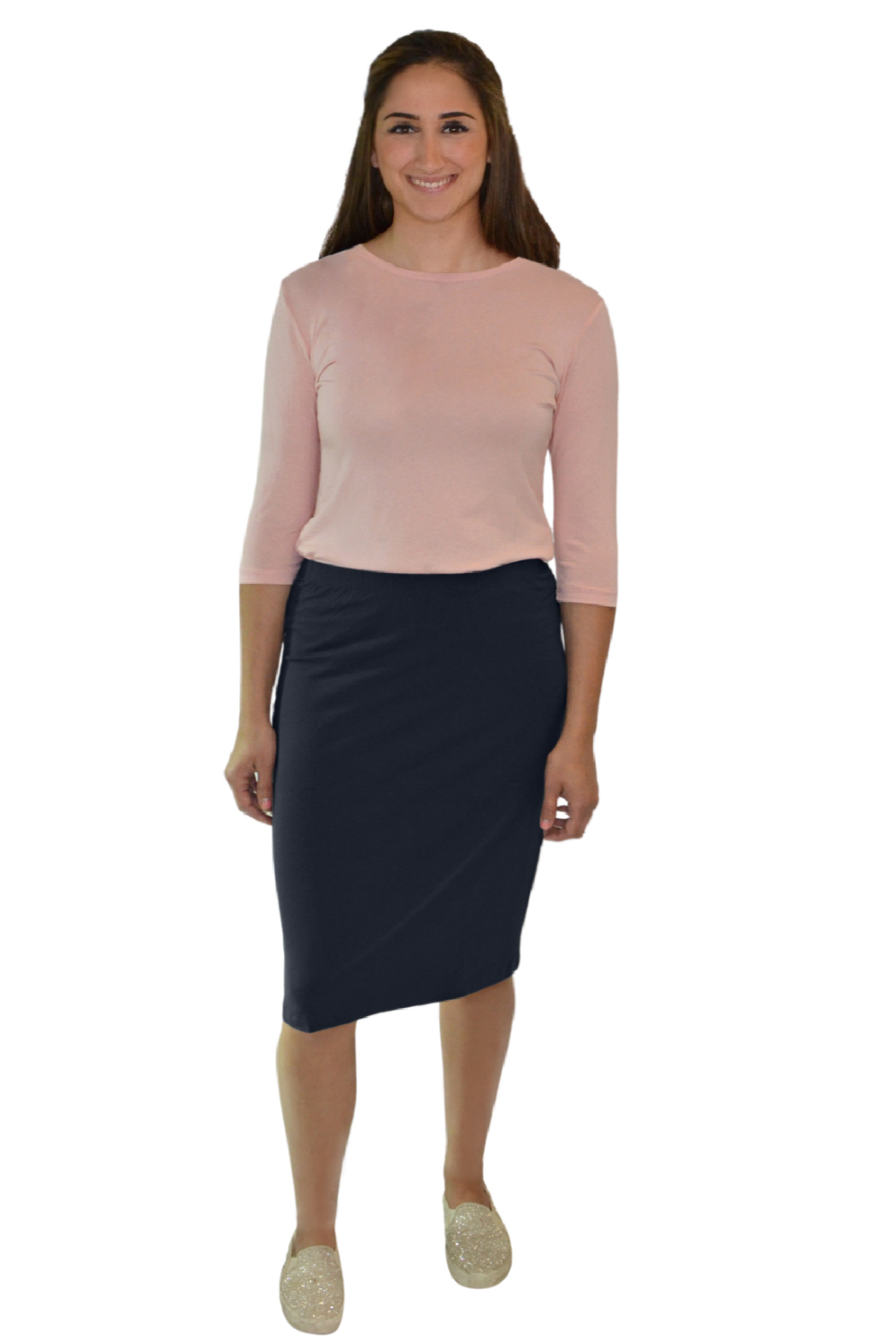 Lightweight Knee-Length Jersey Knit Pencil Skirt with Elastic Waist