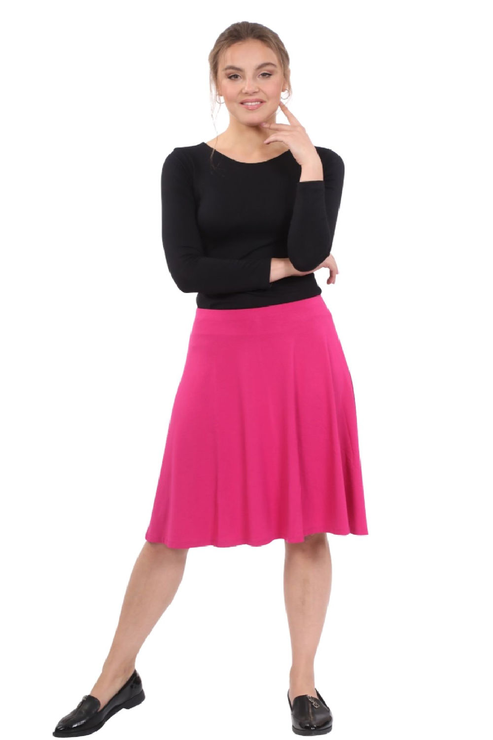 Knee Length A-Line Skater Skirt with Full Elastic Waist