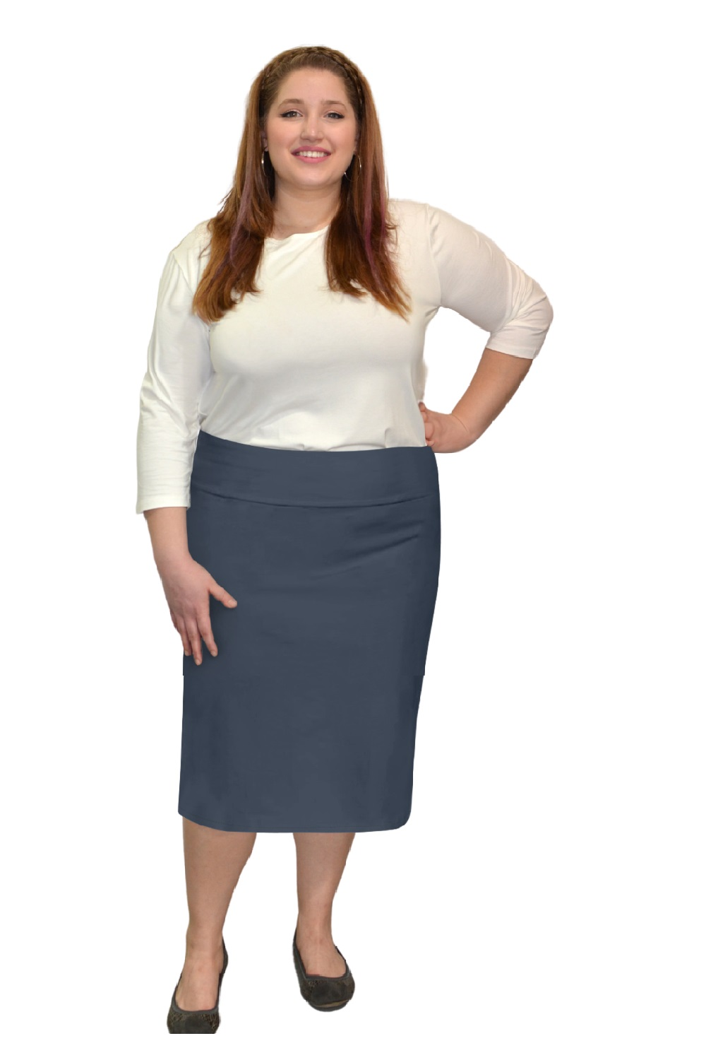 Plus Size Modest Stretch Knee Length Pencil Skirt in Cotton Spandex