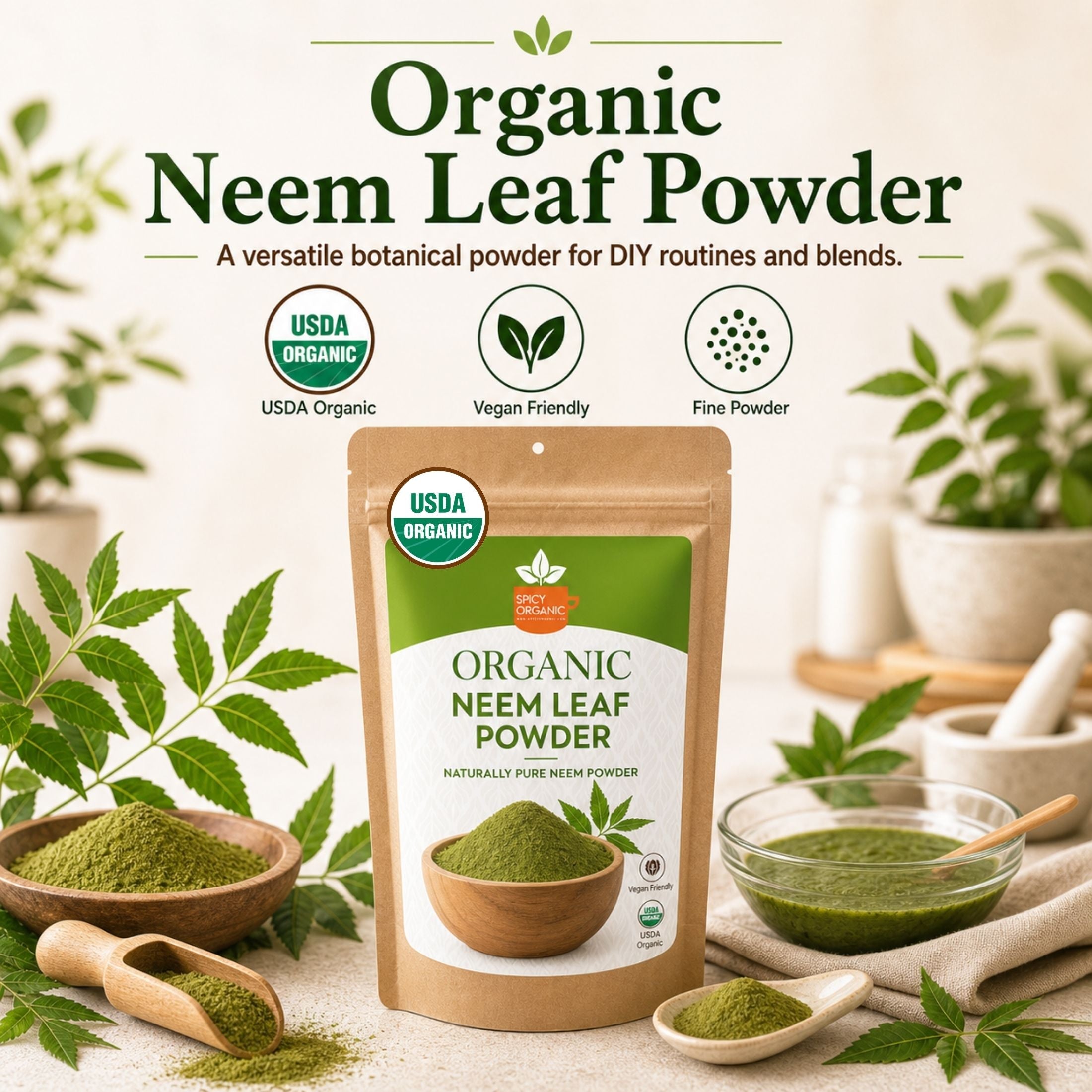 Organic Neem Powder – USDA Certified Neem Leaf Powder for Herbal Tea & DIY Skincare